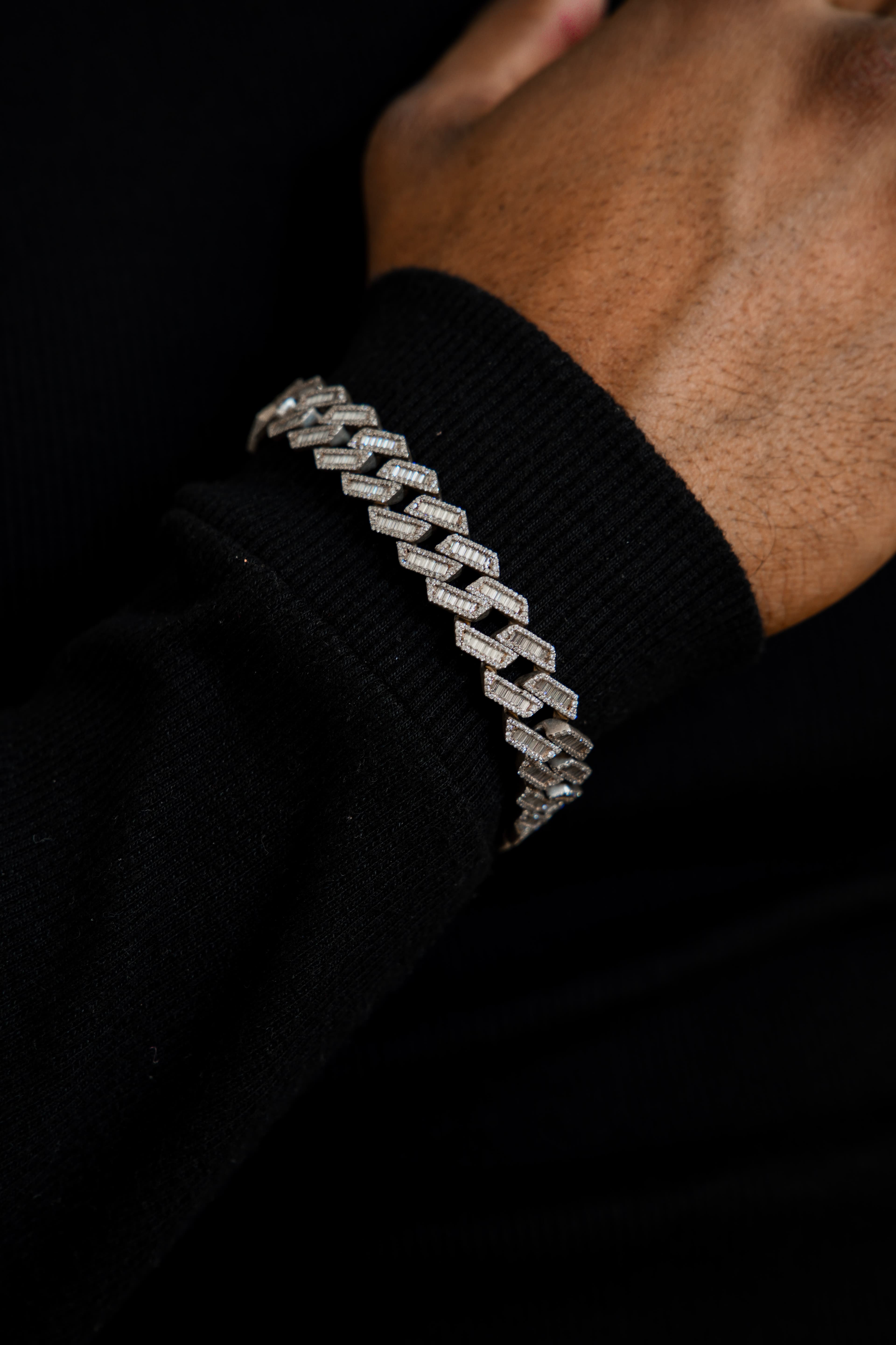 12MM Cuban Bracelet with 925 Silver and Moissanite Baguette Diamonds