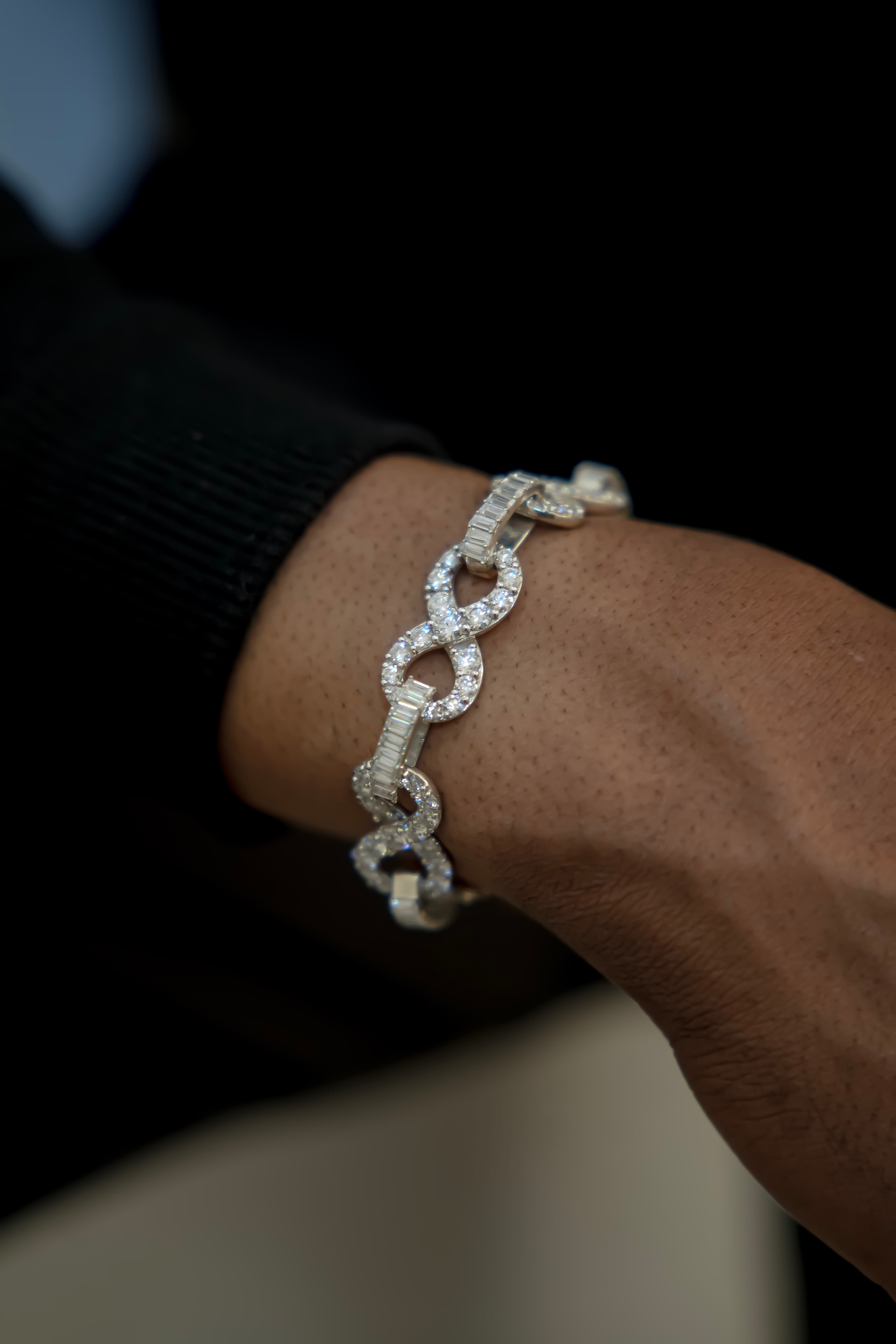 12mm Infinity Bracelet with 925 Silver and Baguette Moissanite Diamonds