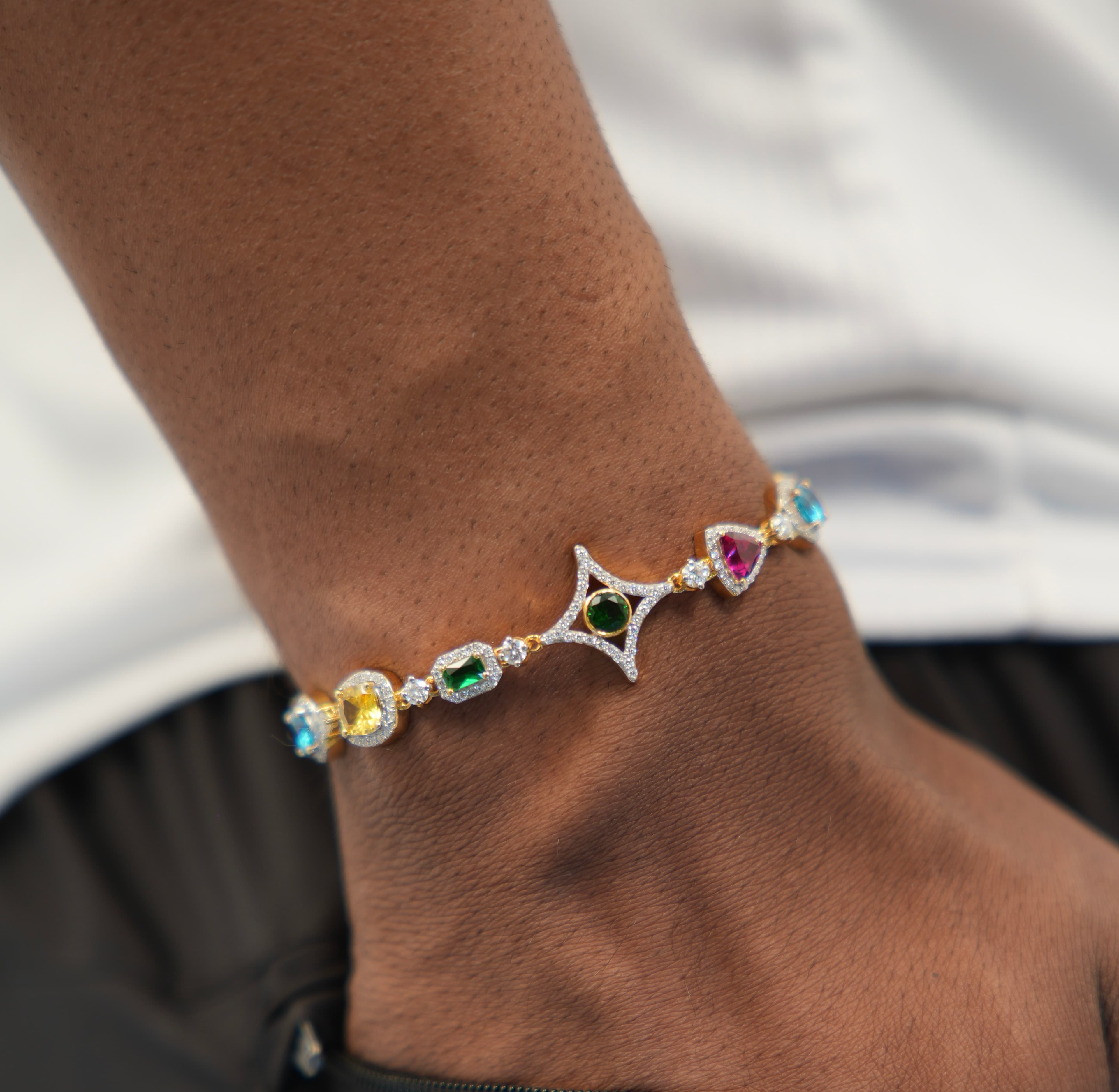 10mm Multi-Color Stones Bracelet with 925 Silver and Moissanite Diamonds
