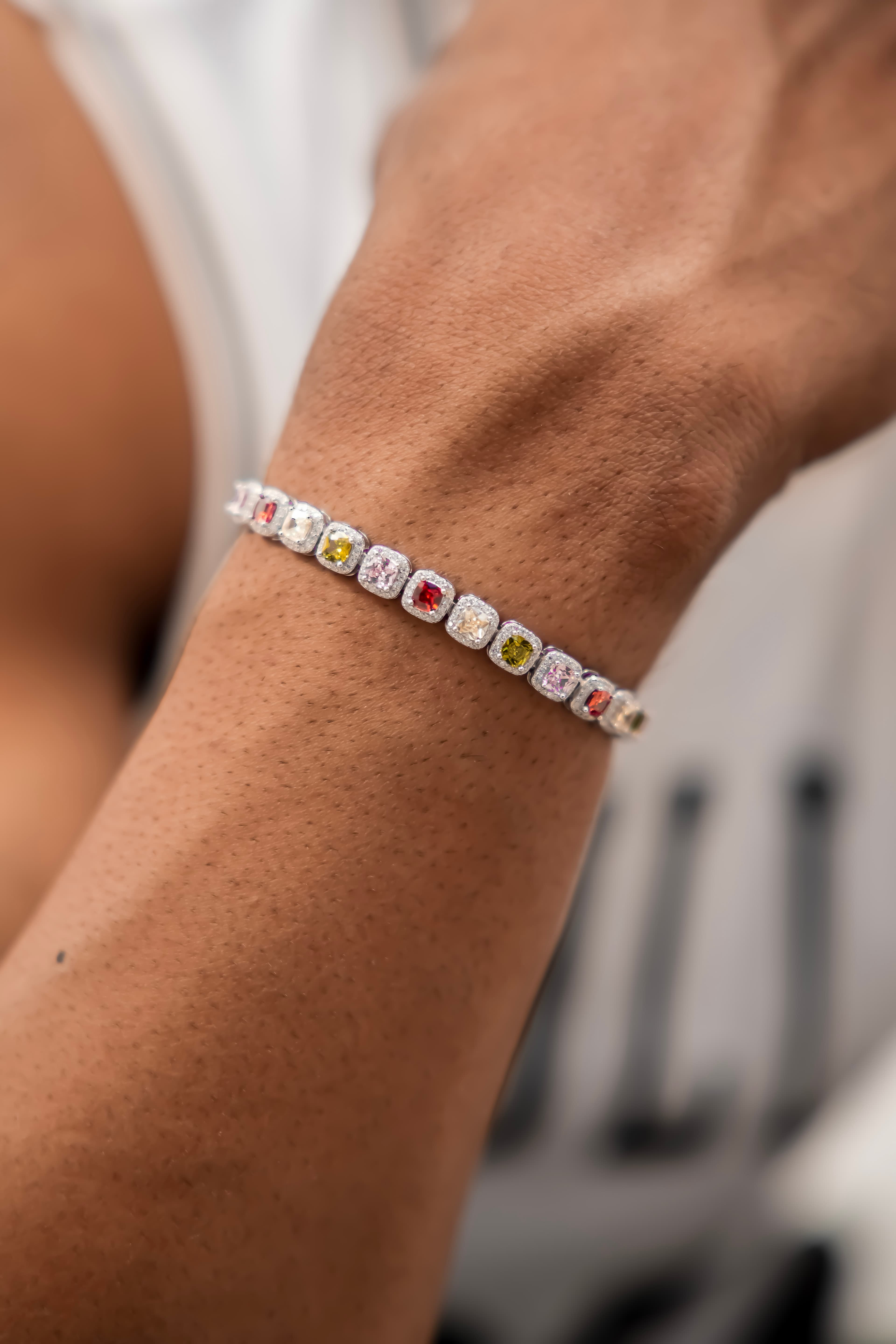 Multi-Color Cushion Cut Diamonds Tennis Bracelet with 925 Silver and Moissanite Diamonds