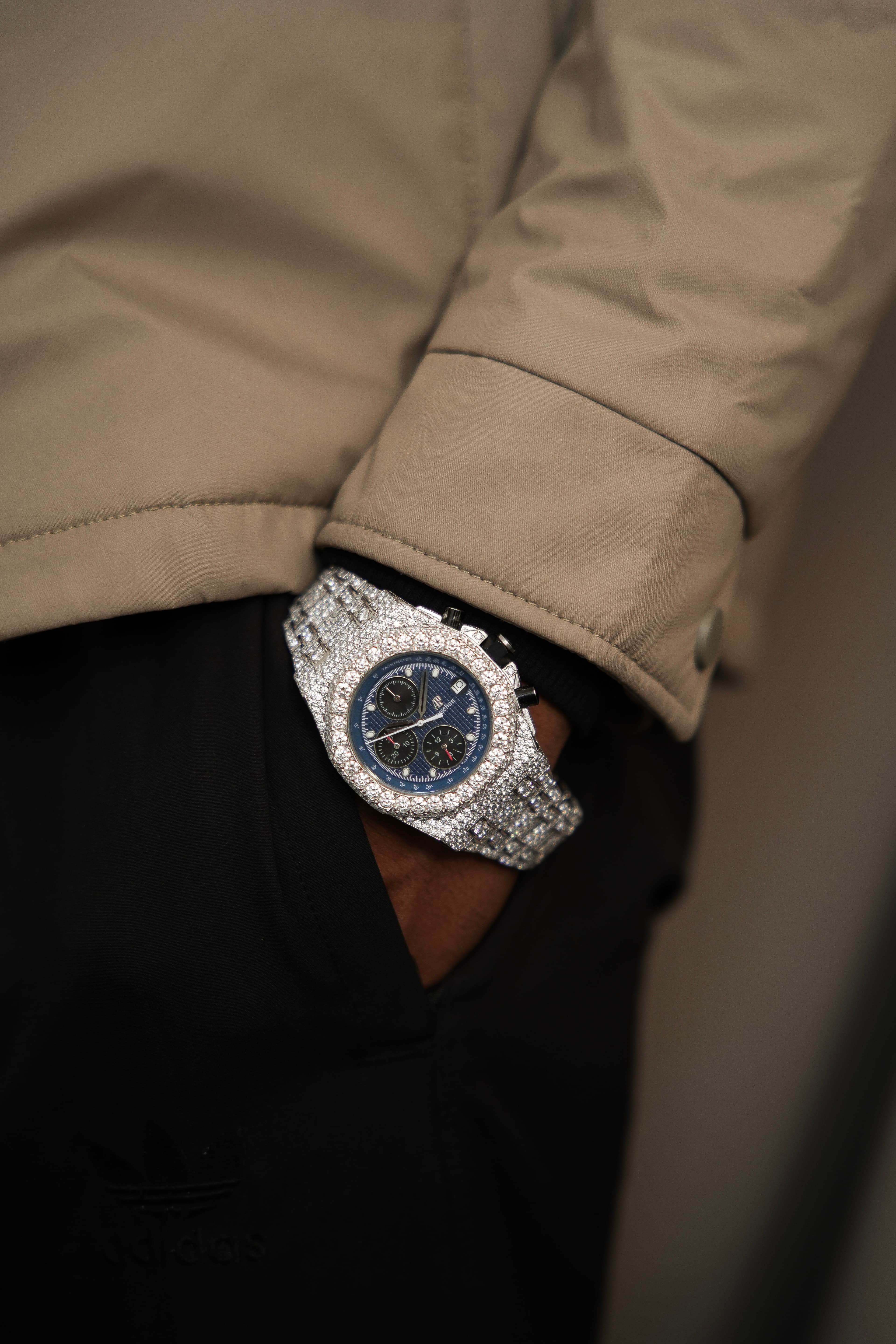 AP Chrono Blue Face Full White Moissanite Swiss Watch thumbnail 2