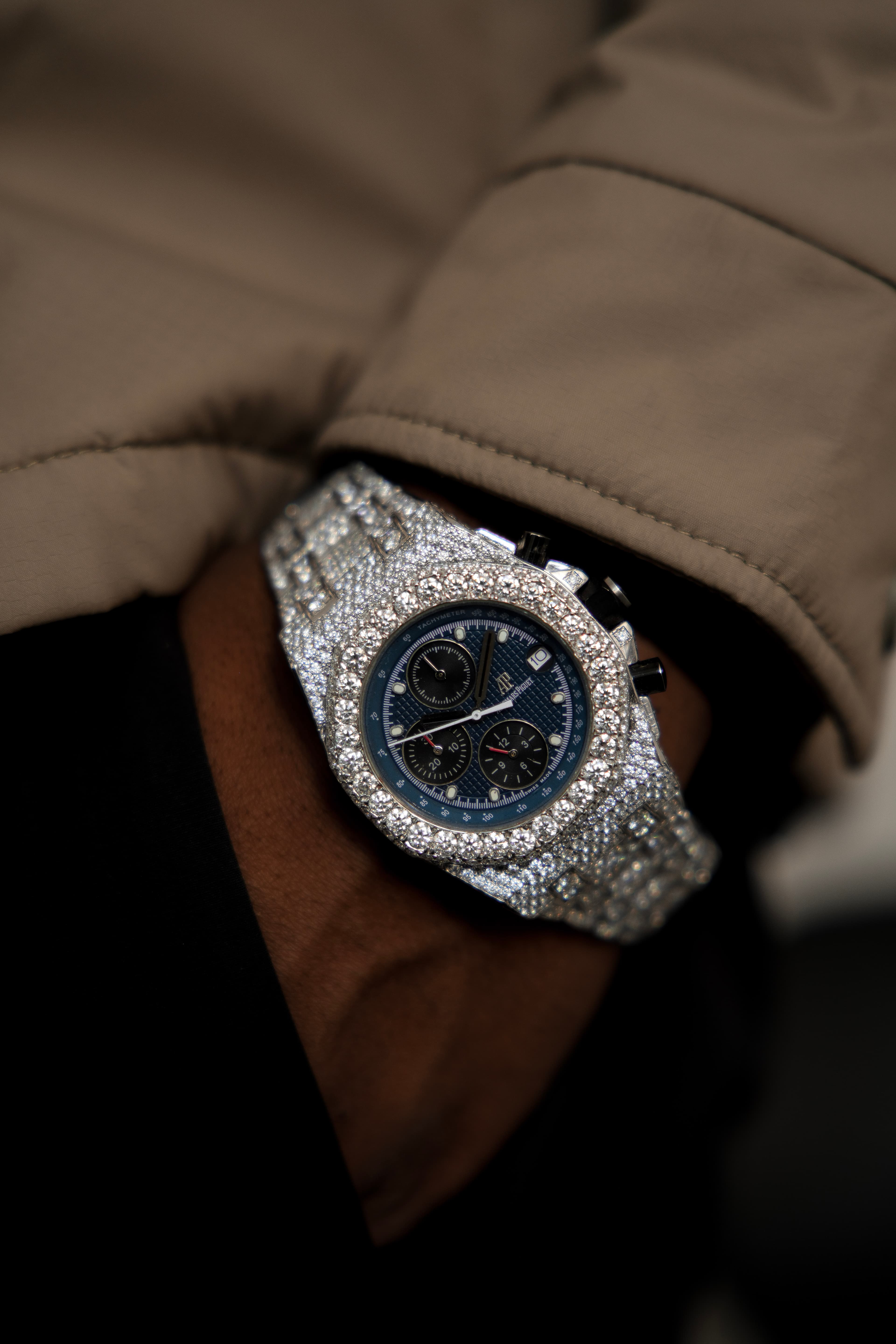 AP Chrono Blue Face Full White Moissanite Swiss Watch