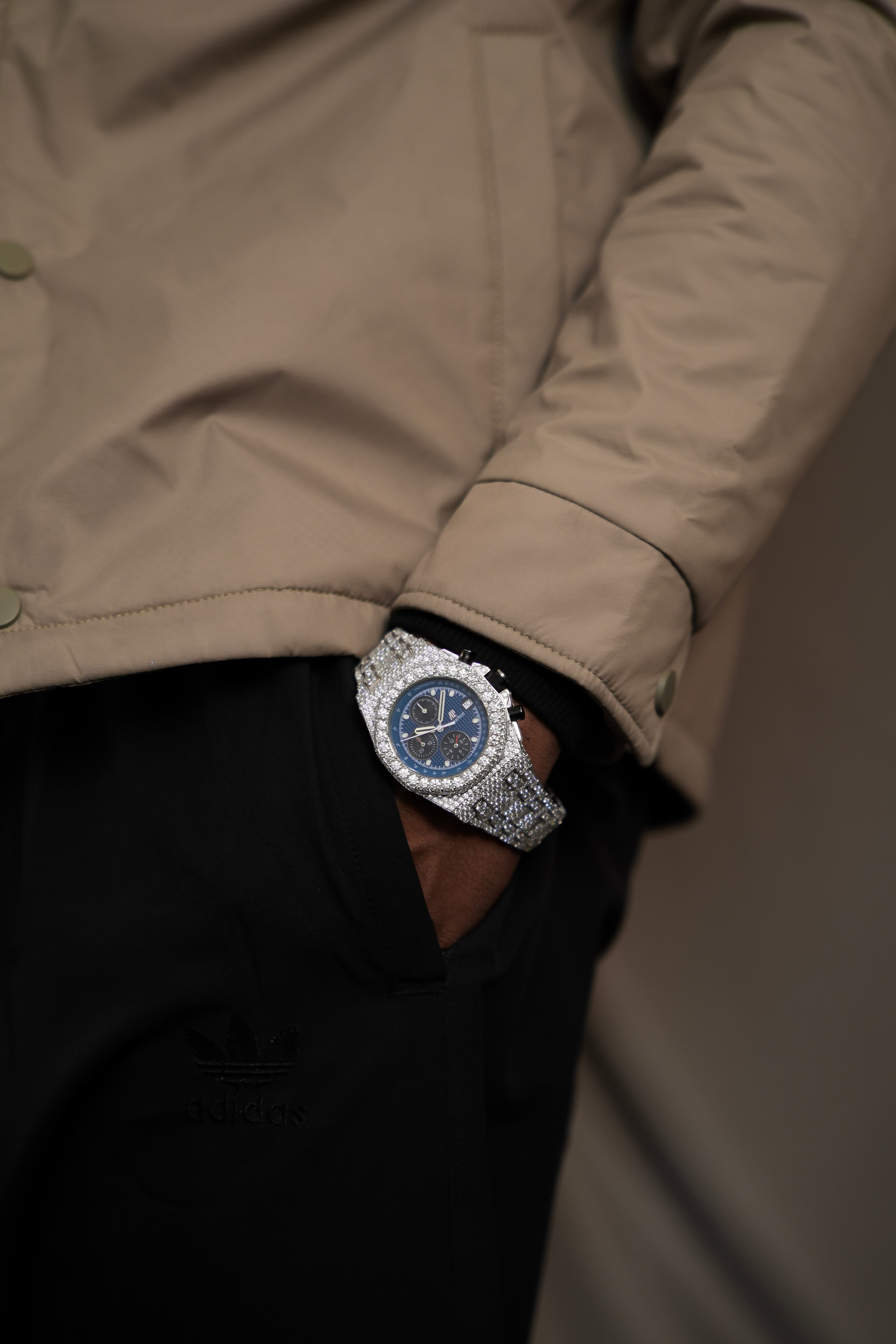 AP Chrono Blue Face Full White Moissanite Swiss Watch thumbnail 3