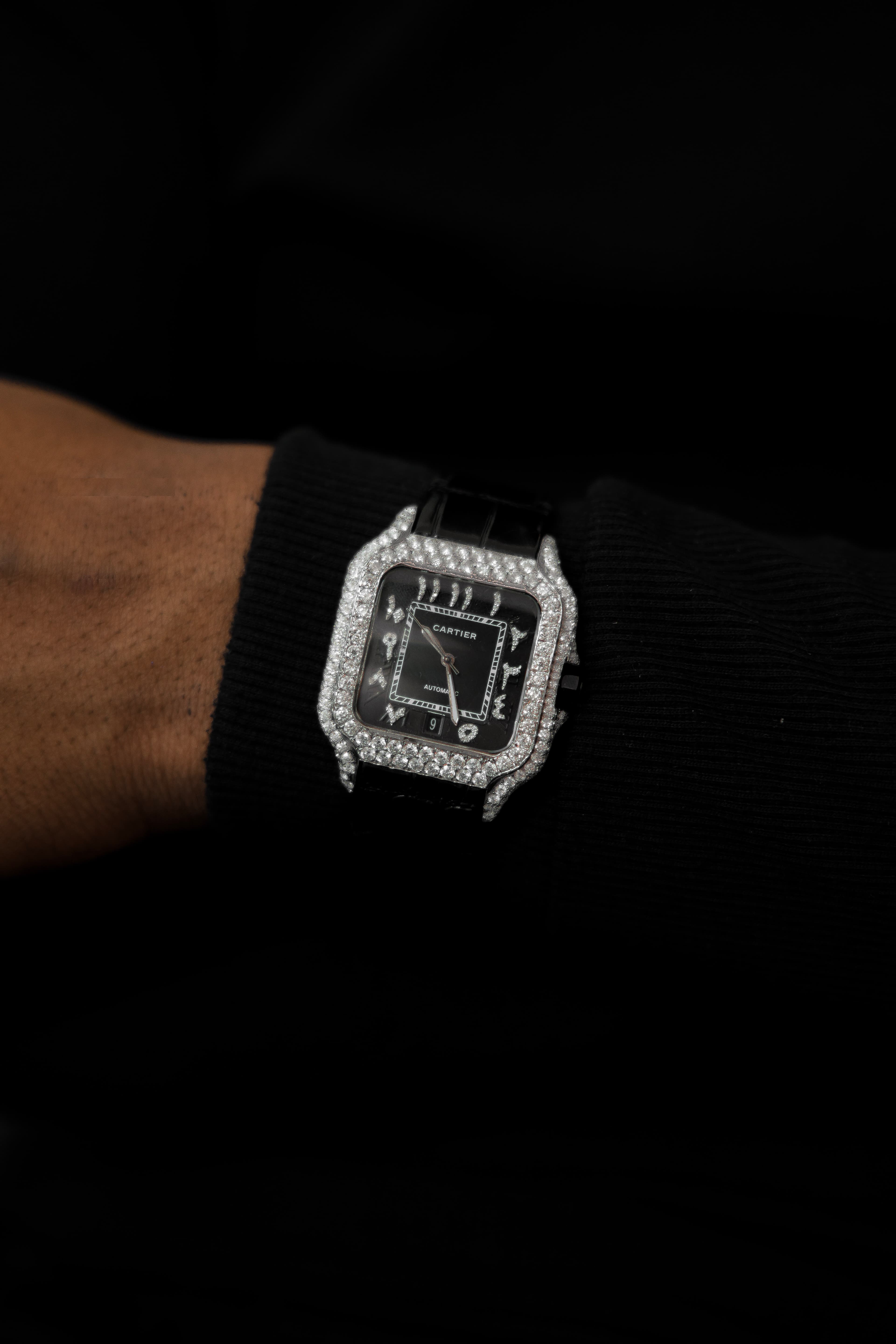 Cartier Black Leather Belt Full White Moissanite Swiss Watch