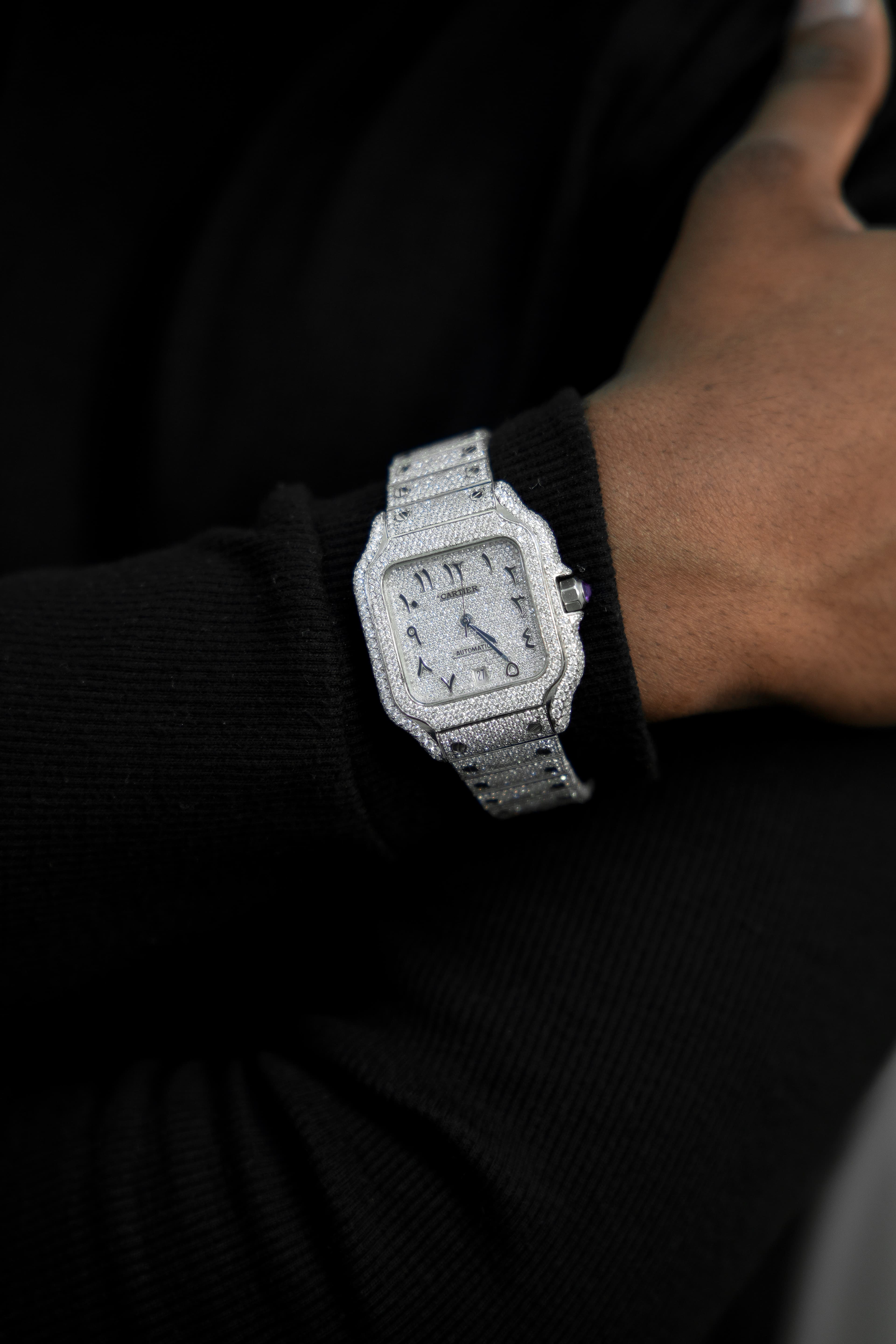 Cartier Arabic Dial Full White Moissanite Swiss Watch