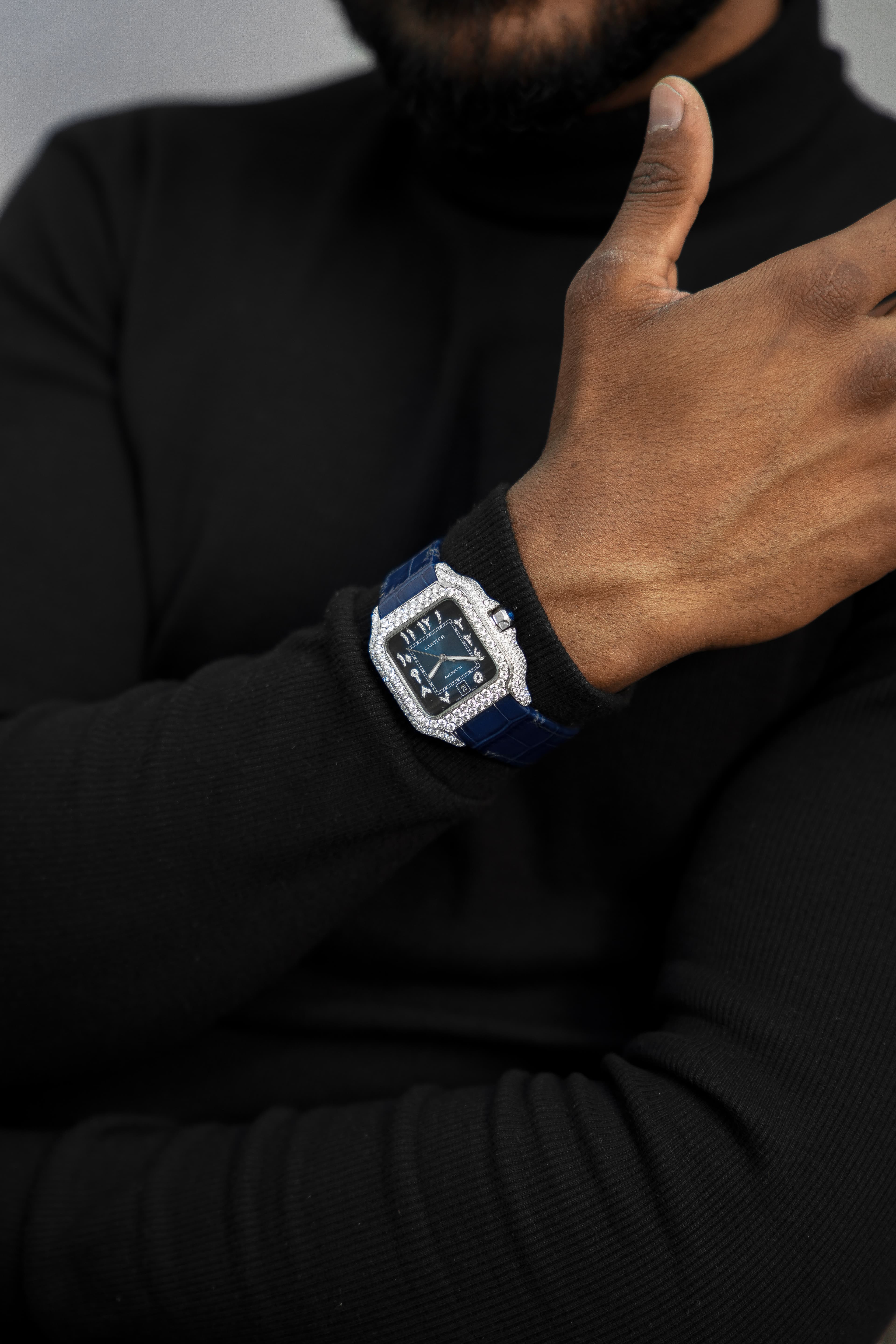 Cartier Dark Blue face and Blue Leather Belt Full White Moissanite Swiss Watch thumbnail 2