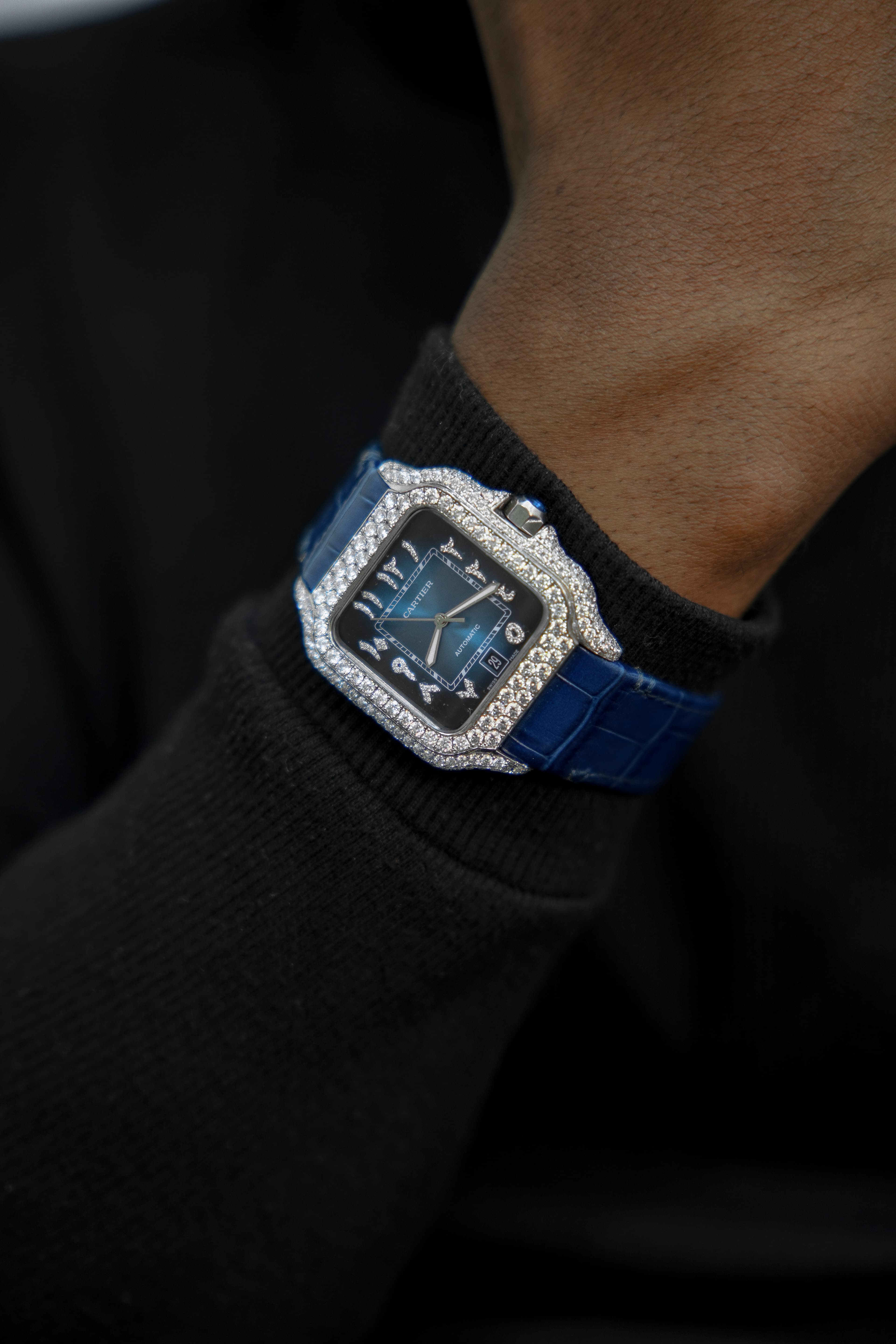 Cartier Dark Blue face and Blue Leather Belt Full White Moissanite Swiss Watch