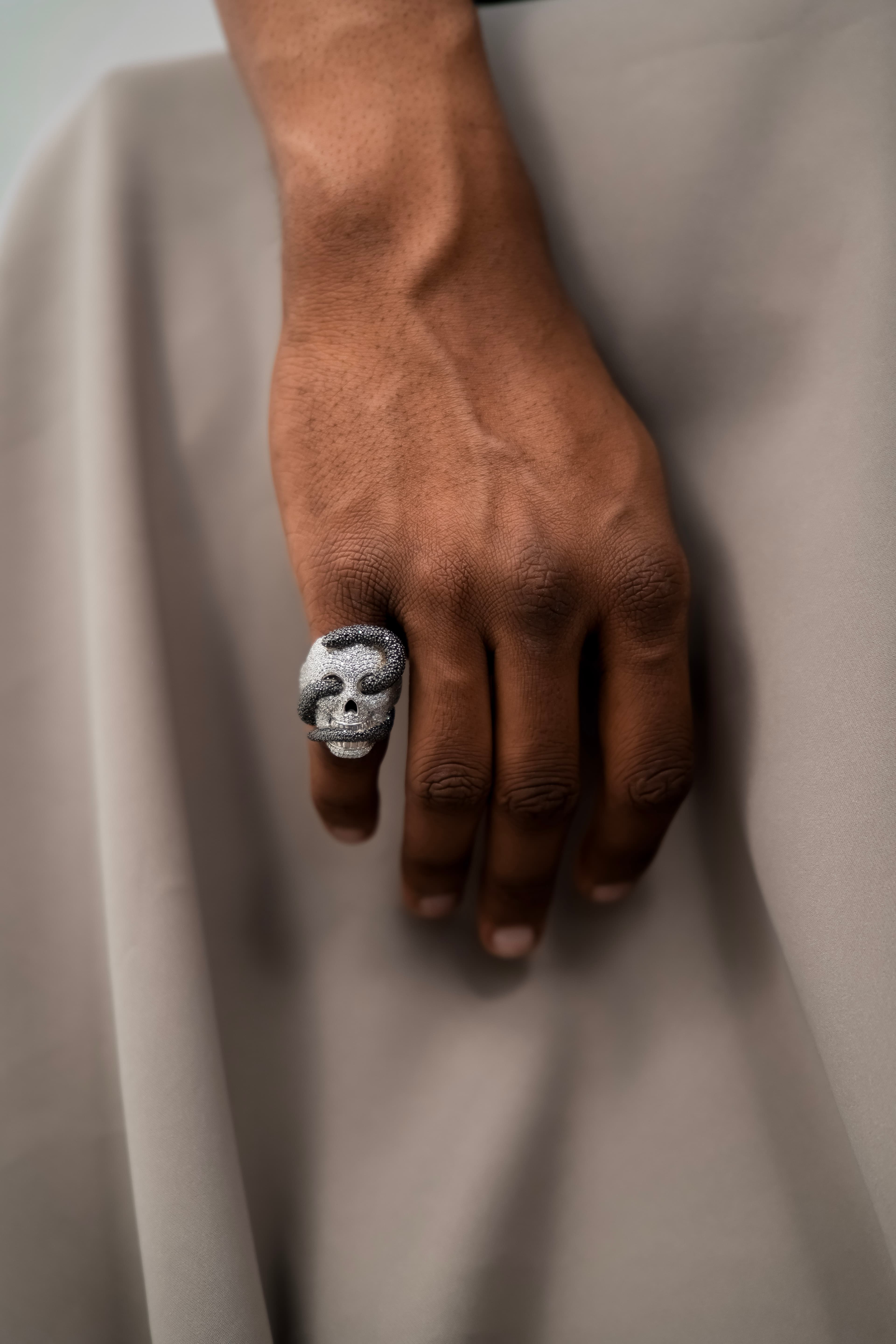 Mens iced Skull Snake ring in 925 silver with moissanite bold gothic statement jewellery for men's thumbnail 5