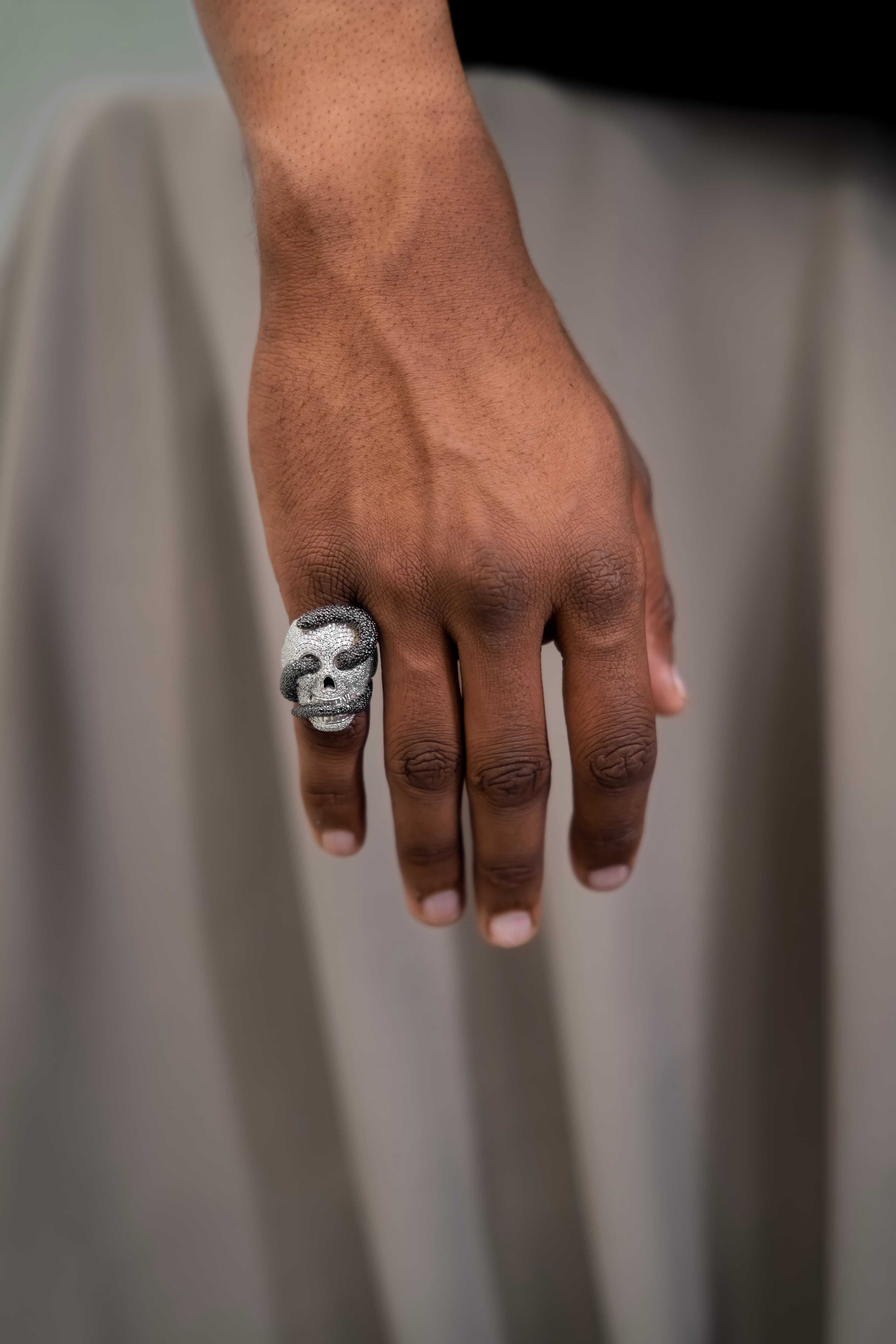 Mens iced Skull Snake ring in 925 silver with moissanite bold gothic statement jewellery for men's