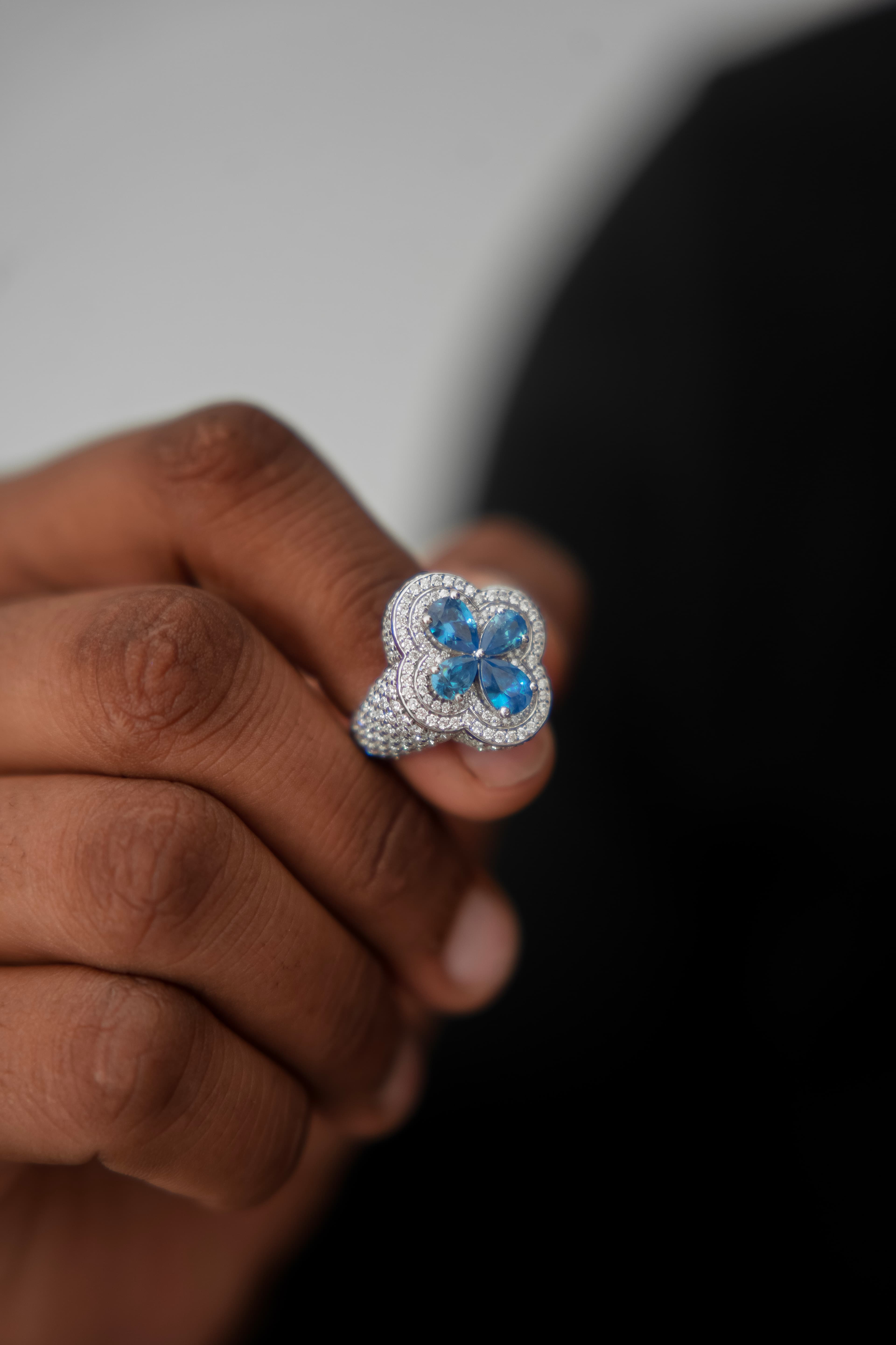 Men's floral statement ring with Blue Gemstone and moissanite in 925 silver luxury fashion jewellery for men's thumbnail 2