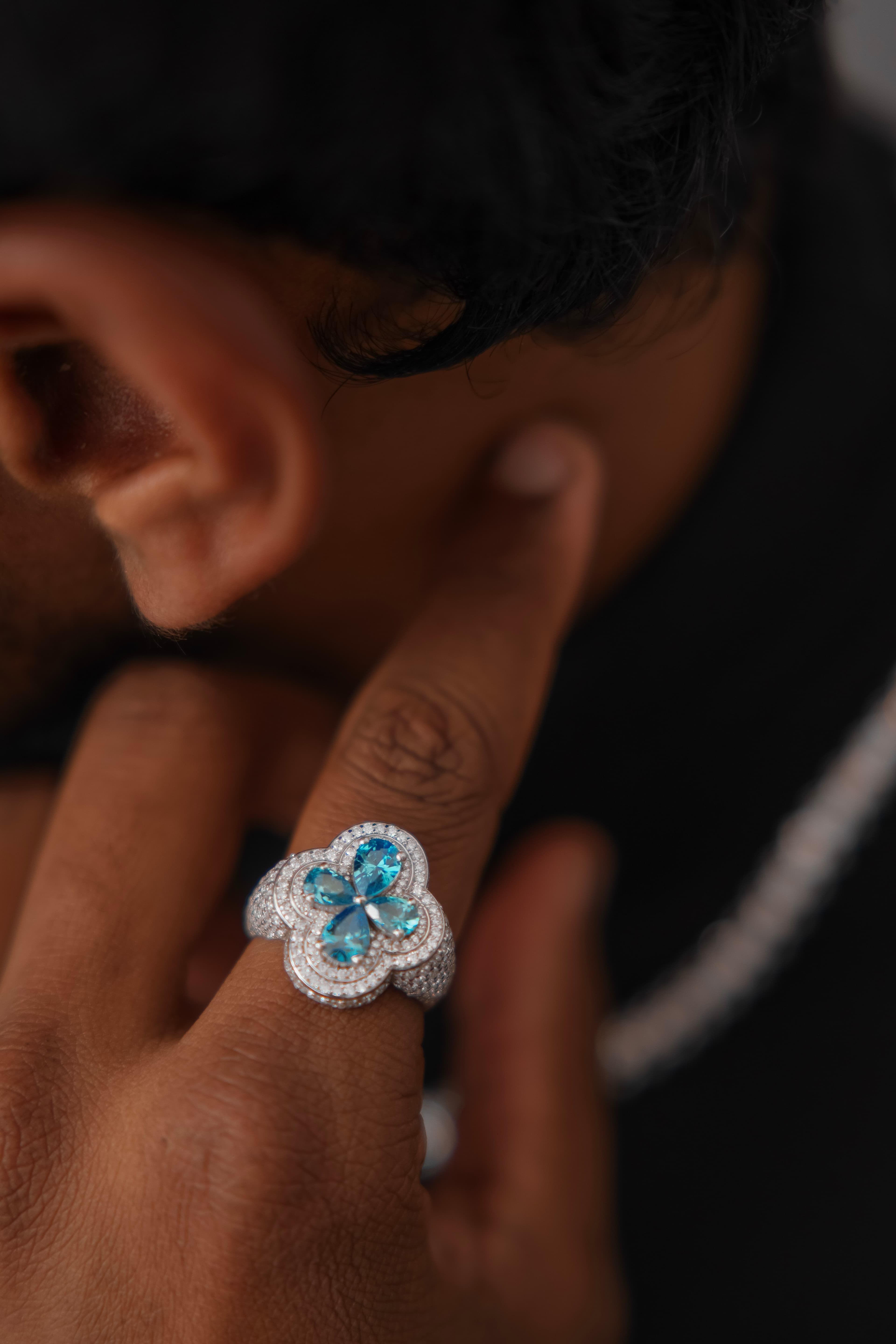 Men's floral statement ring with Blue Gemstone and moissanite in 925 silver luxury fashion jewellery for men's thumbnail 3