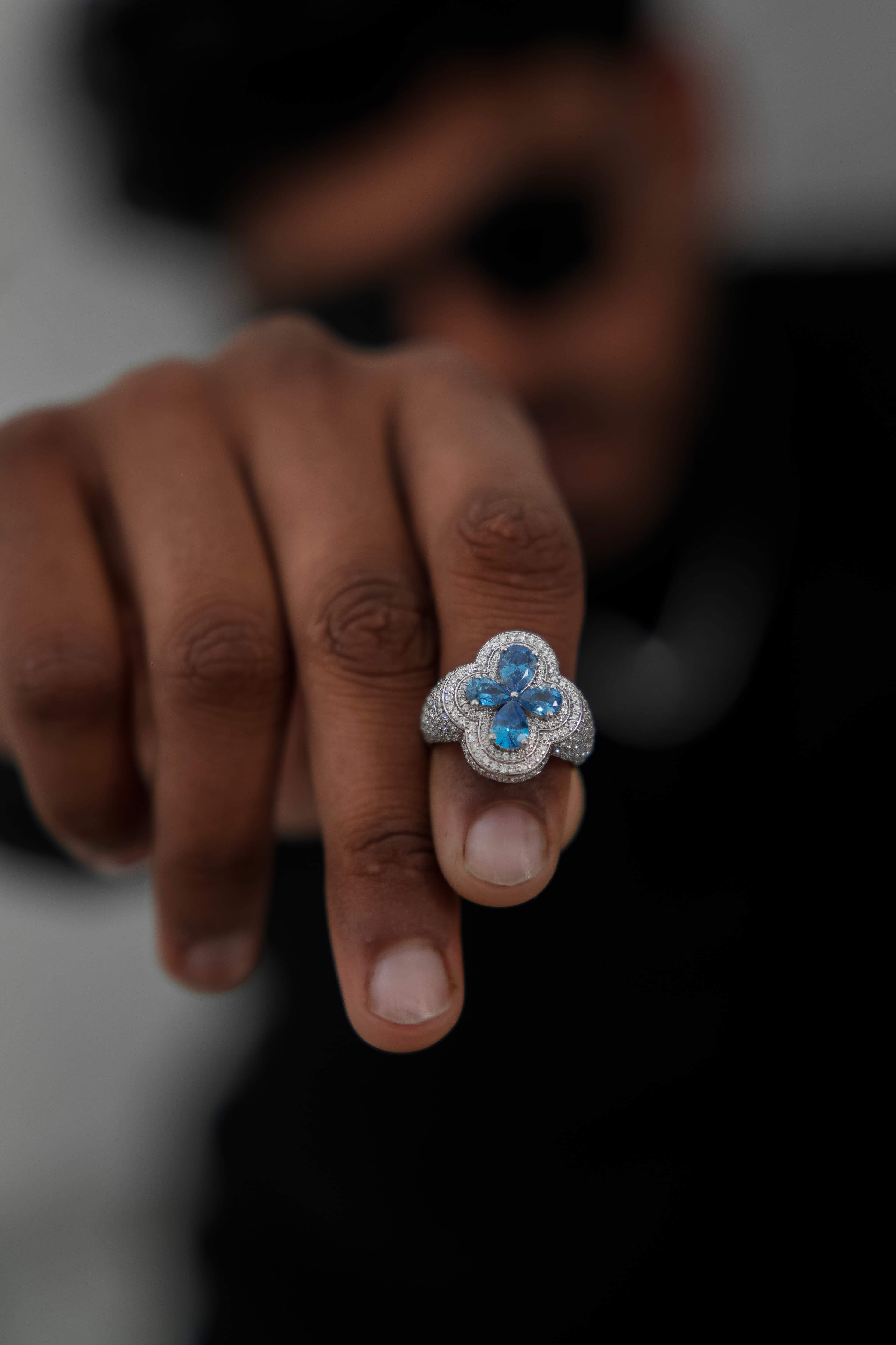 Men's floral statement ring with Blue Gemstone and moissanite in 925 silver luxury fashion jewellery for men's