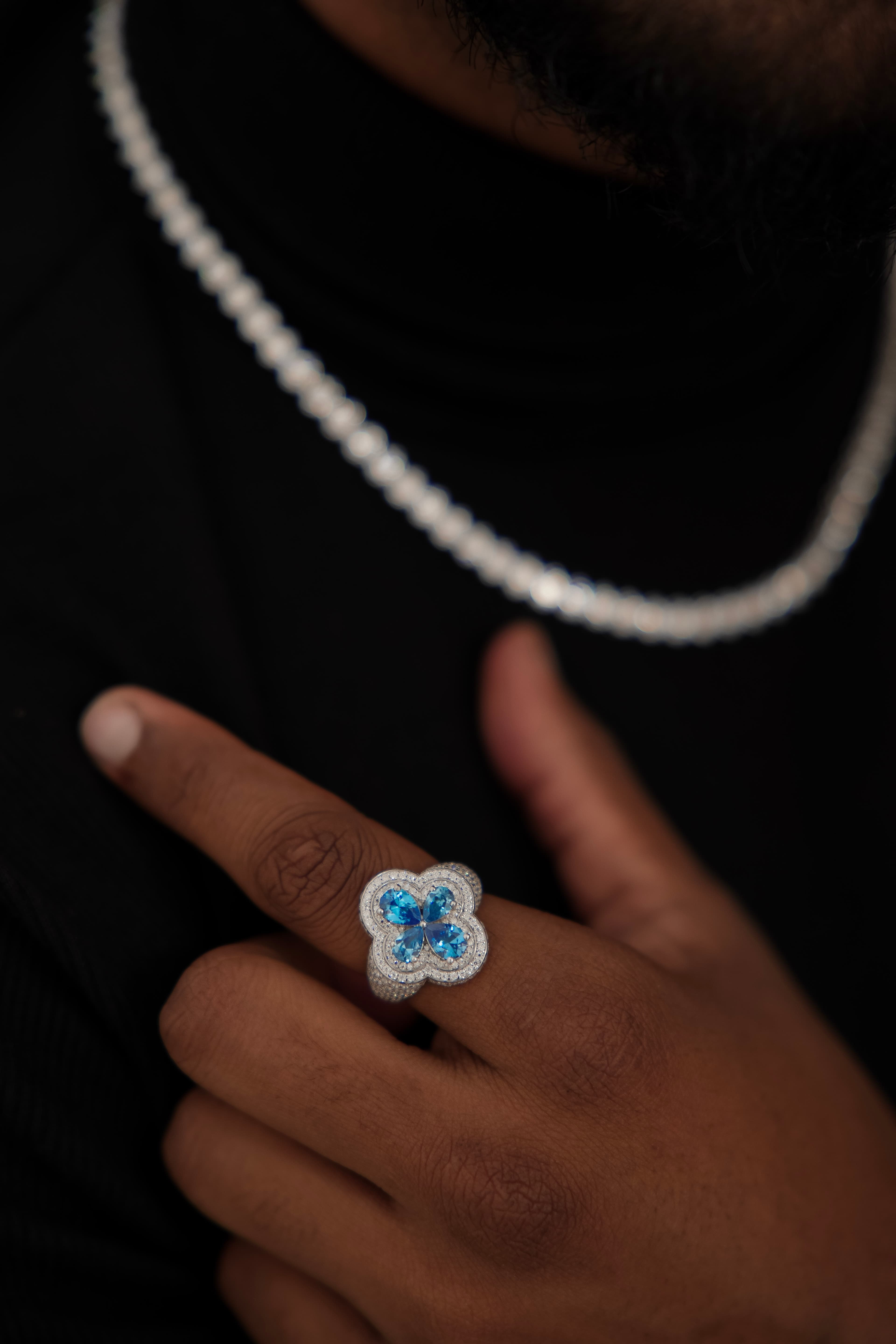 Men's floral statement ring with Blue Gemstone and moissanite in 925 silver luxury fashion jewellery for men's thumbnail 4