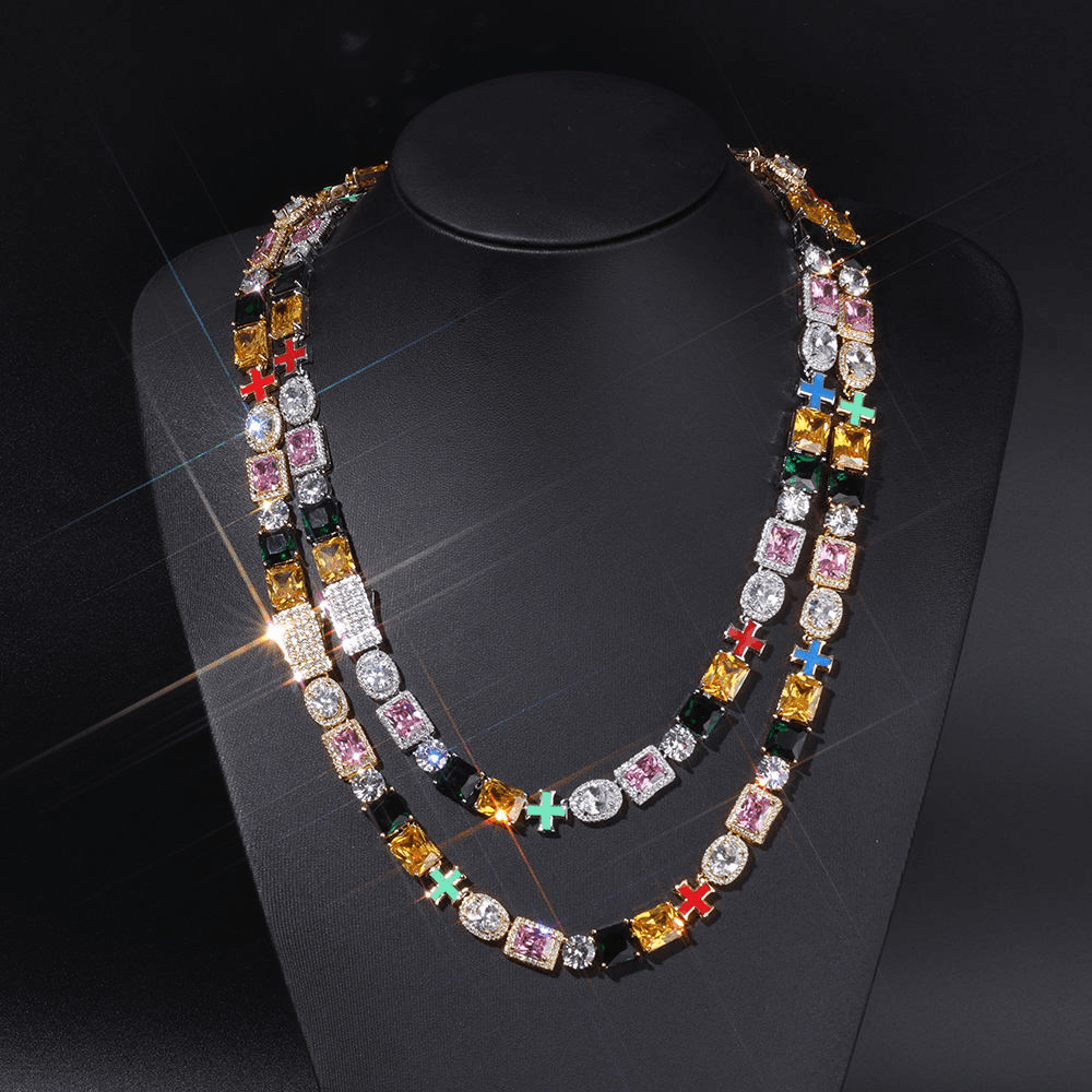 10MM Men's Multicolor Gemstone Tennis Necklace in 925 silver with Moissanite Luxury Designer Jewellery. thumbnail 2