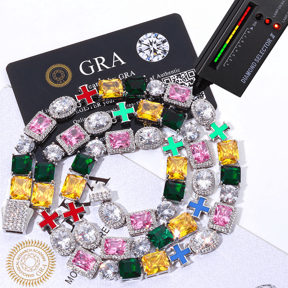 10MM Men's Multicolor Gemstone Tennis Necklace in 925 silver with Moissanite Luxury Designer Jewellery. thumbnail 4