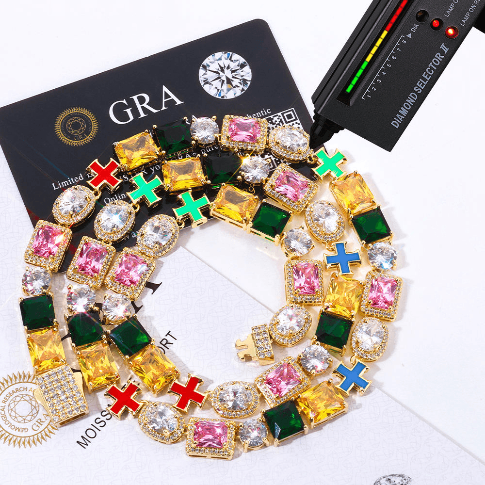 10MM Men's Multicolor Gemstone Tennis Necklace in 925 silver with Moissanite Luxury Designer Jewellery. thumbnail 3
