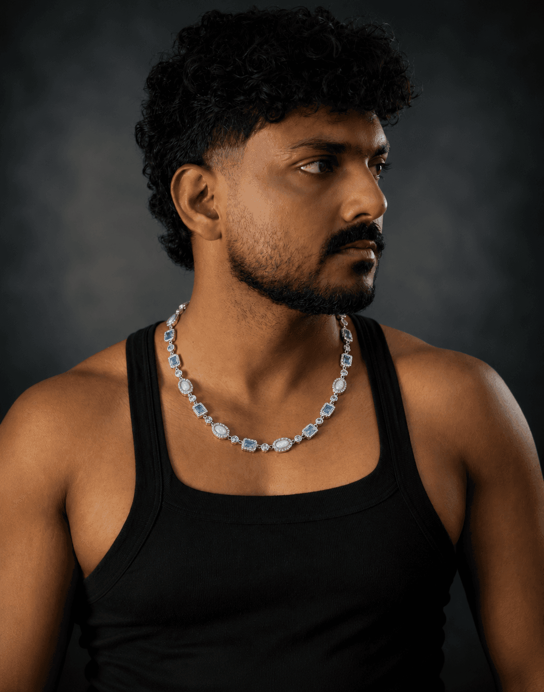Mens Opal-Blue Gemstone Tennis Necklace in 925 Silver with Moissanite luxury Designer Jewellery Elegant Chain