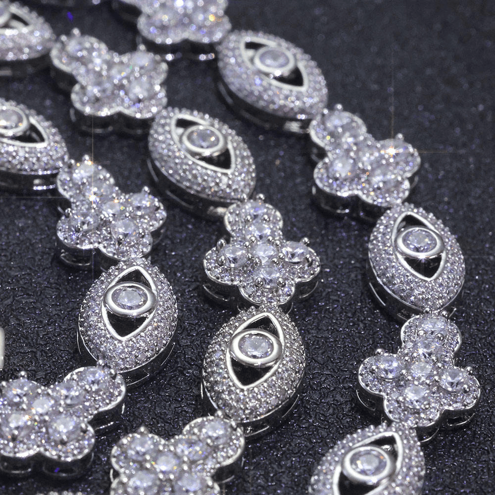 Mens Evil-Eye Floral link Necklace in 925 Silver with Moissanite Luxury Designer Jewellery Statement Chain for Men
