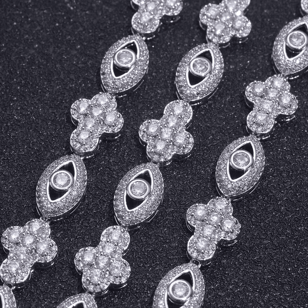 Mens Evil-Eye Floral link Necklace in 925 Silver with Moissanite Luxury Designer Jewellery Statement Chain for Men