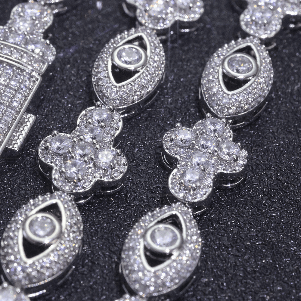 Mens Evil-Eye Floral link Necklace in 925 Silver with Moissanite Luxury Designer Jewellery Statement Chain for Men