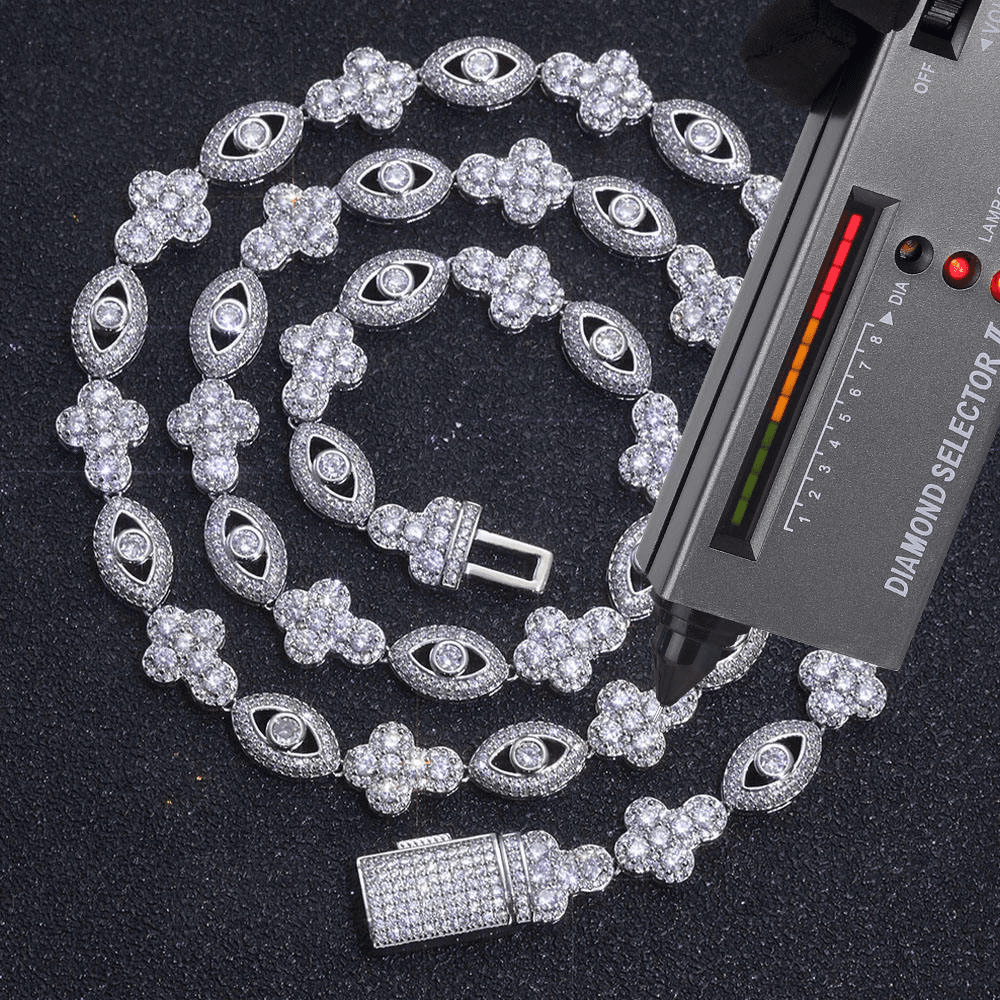 Mens Evil-Eye Floral link Necklace in 925 Silver with Moissanite Luxury Designer Jewellery Statement Chain for Men
