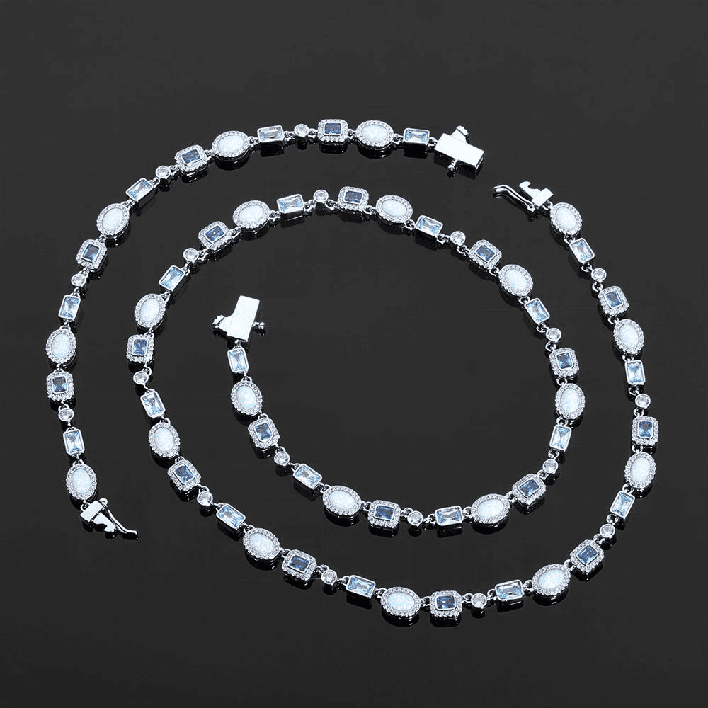 Mens Opal-Blue Gemstone Tennis Necklace in 925 Silver with Moissanite luxury Designer Jewellery Elegant Chain