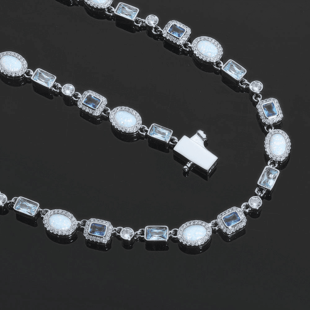 Mens Opal-Blue Gemstone Tennis Necklace in 925 Silver with Moissanite luxury Designer Jewellery Elegant Chain