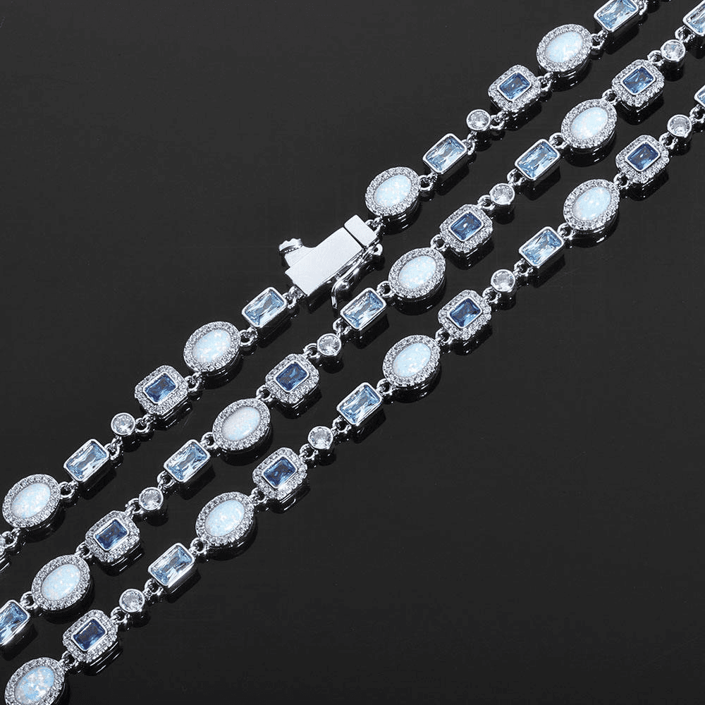 Mens Opal-Blue Gemstone Tennis Necklace in 925 Silver with Moissanite luxury Designer Jewellery Elegant Chain
