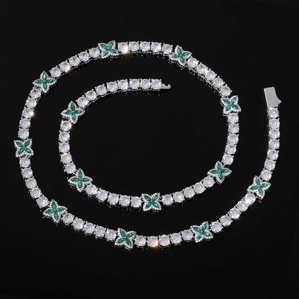 6mm Floral Tennis Necklace with Green Gemstone Clover in 925 Silver and Moissanite Chain