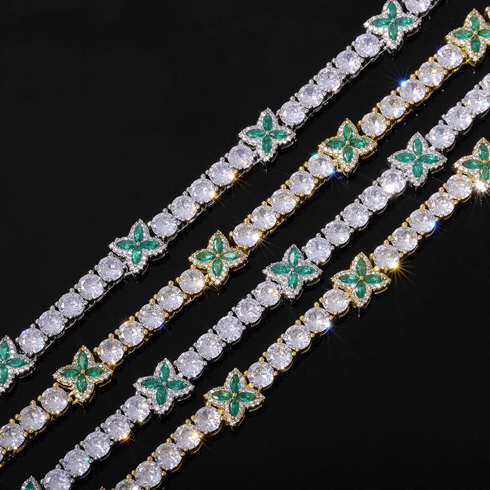 6mm Floral Tennis Necklace with Green Gemstone Clover in 925 Silver and Moissanite Chain