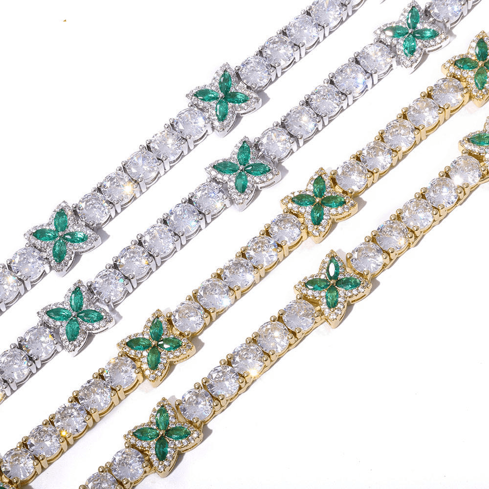 6mm Floral Tennis Necklace with Green Gemstone Clover in 925 Silver and Moissanite Chain