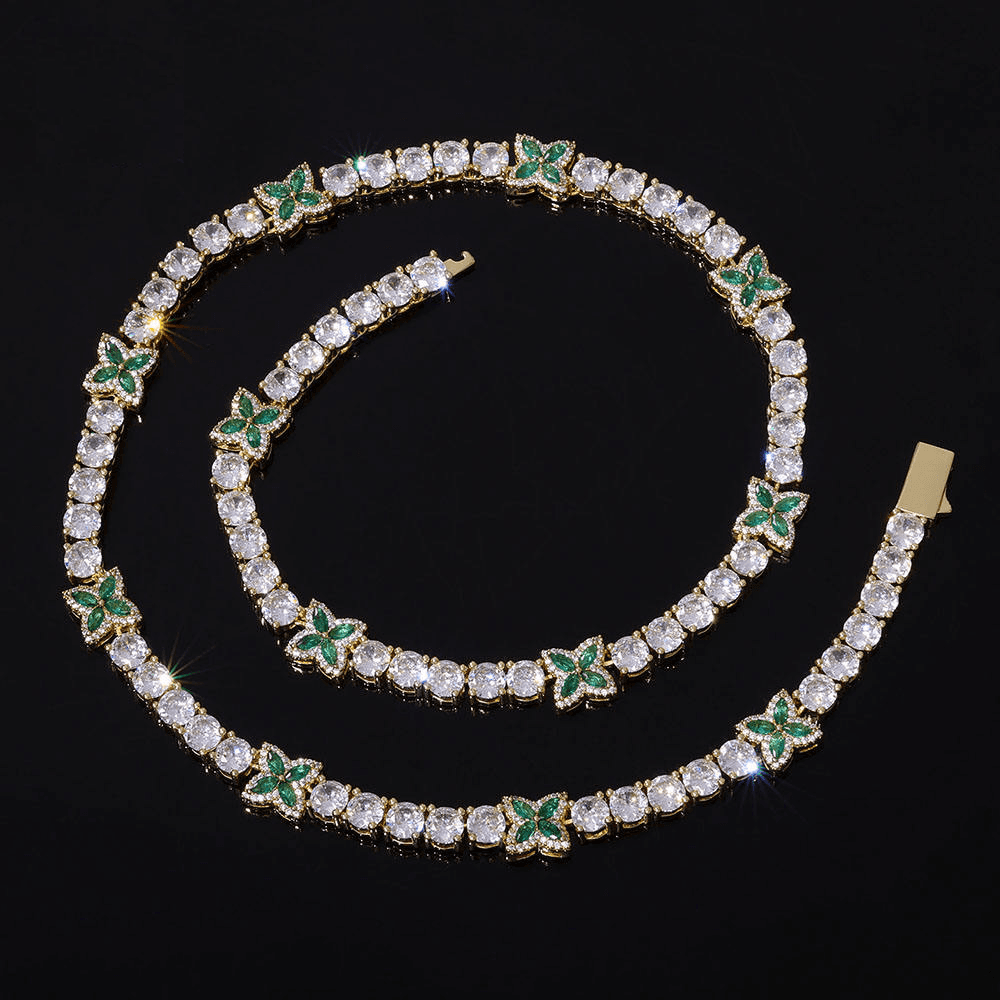 6mm Floral Tennis Necklace with Green Gemstone Clover in 925 Silver and Moissanite Chain